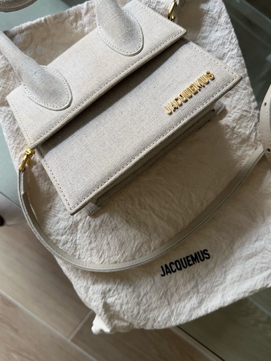 Jacquemus Mini Le Chiquito Top-Handle Bag in Beige Canvas with Gold Logo - Picture 3 of 6